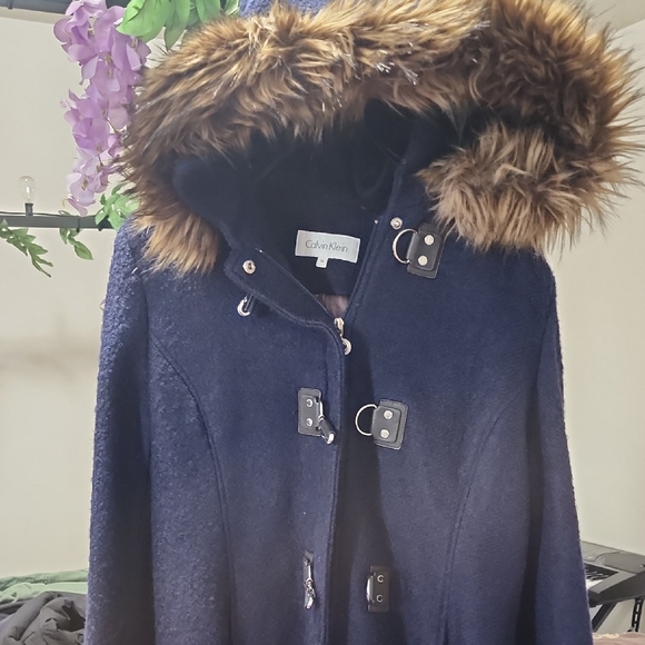 Calvin Klein Blue Wool Blend Coat Faux Fur Hood Winter Jacket - Picture 2 of 10